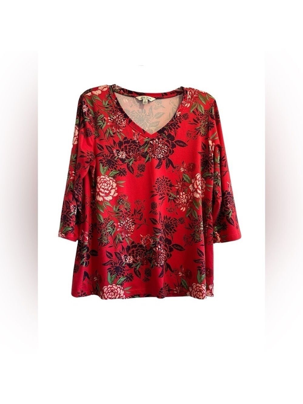 The Pioneer Woman Small Red Floral 3/4 Sleeve V-Neck Soft Stretchy Top Size S